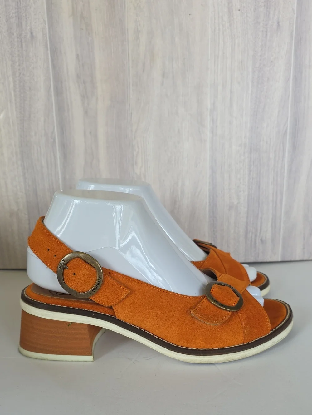 FLY London Burnt Orange Suede Mule Sandals Chunky Heel Buckle Straps Sz 38/7.5US